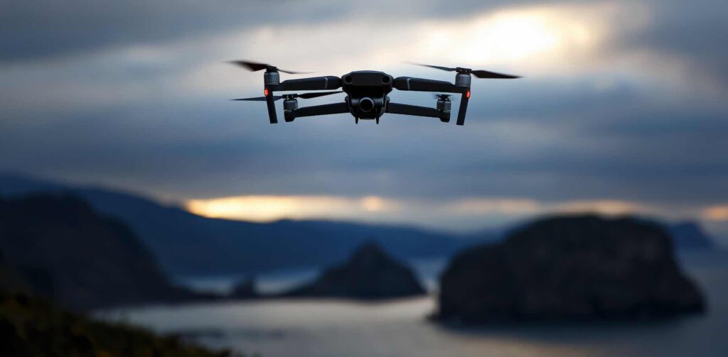 Drönare i lanskap med sjö och berg.